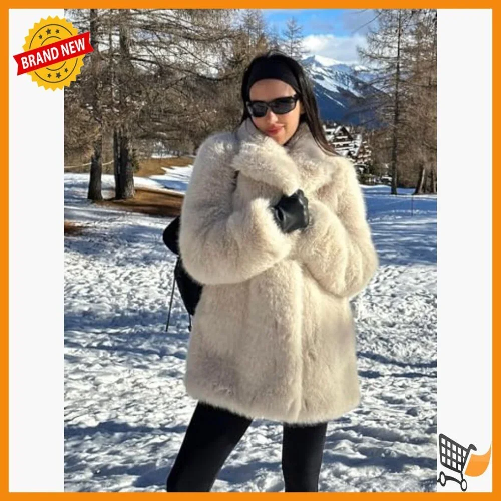 Long Faux Fur Coat Winter Jacket Lapel Collar Snap Button Pockets